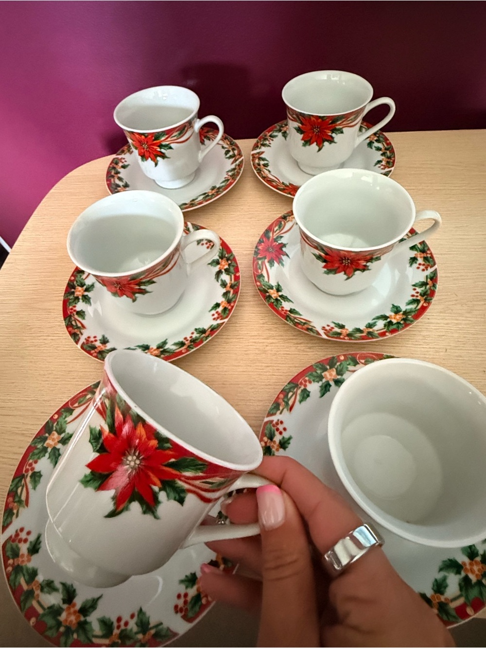 Christmas Poinsettia Porcelain Tea Cups and Saucers - White and Red Holiday Set
